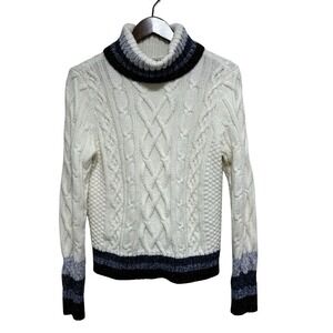 Lands End Sweater Womens S 8 White Navy Turtleneck Stripe Cable Knit Wool Blend